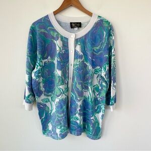 Bob Mackie Wearable Art Floral Blue Green Cardigan Sweater 1X Cotton Blend